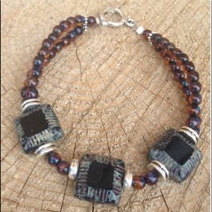 Handmade Brown Czech Glass Beaded Bracelet With Silver Plated Toggle Clasp